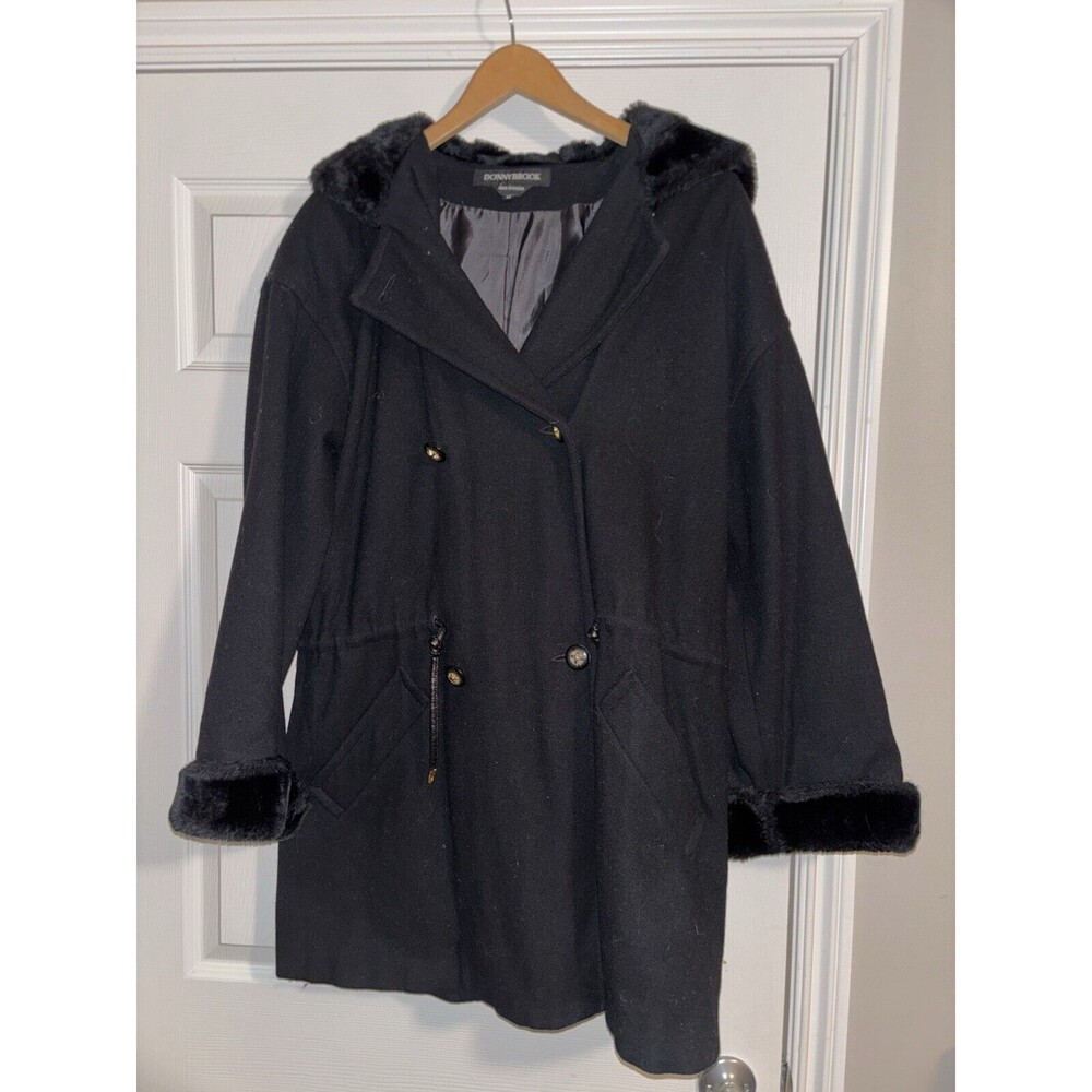 Vintage Donny Brook Black Jacket Coat Size 12 Mid Length Fur Hoodie